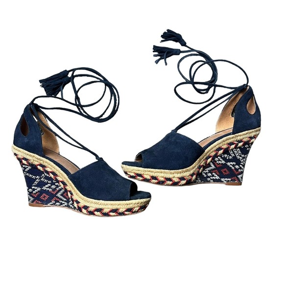 CAbi Isla Espadrille Wedge Heel Aztec Blue Suede Strappy Wrap Lace Up Sandals 6M - Picture 3 of 8